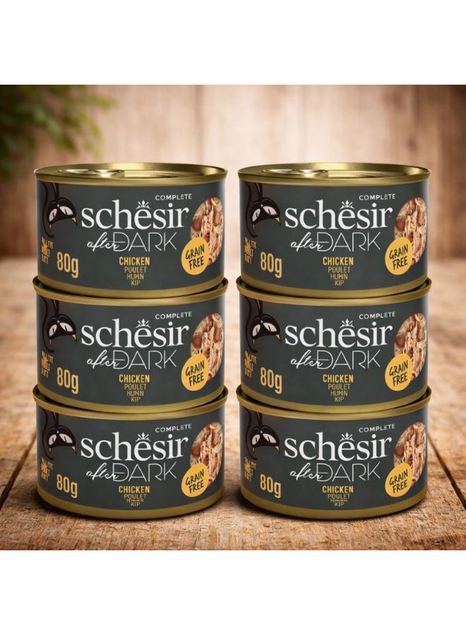 Schesir After Dark Wet Cat Food for Adult Cats – Shredded Chicken – Grain-Free High-Protein Formula – 480 g (6 x 80 g Cans) - Image 1